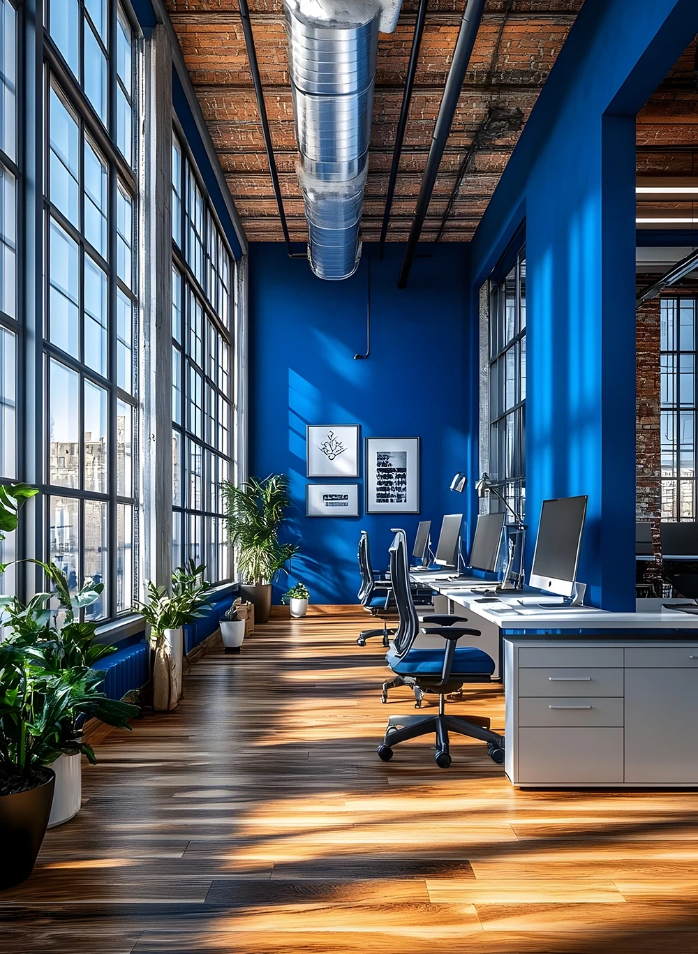 Modernes Niceweb Büro mit blauen Wänden in Frankfurt