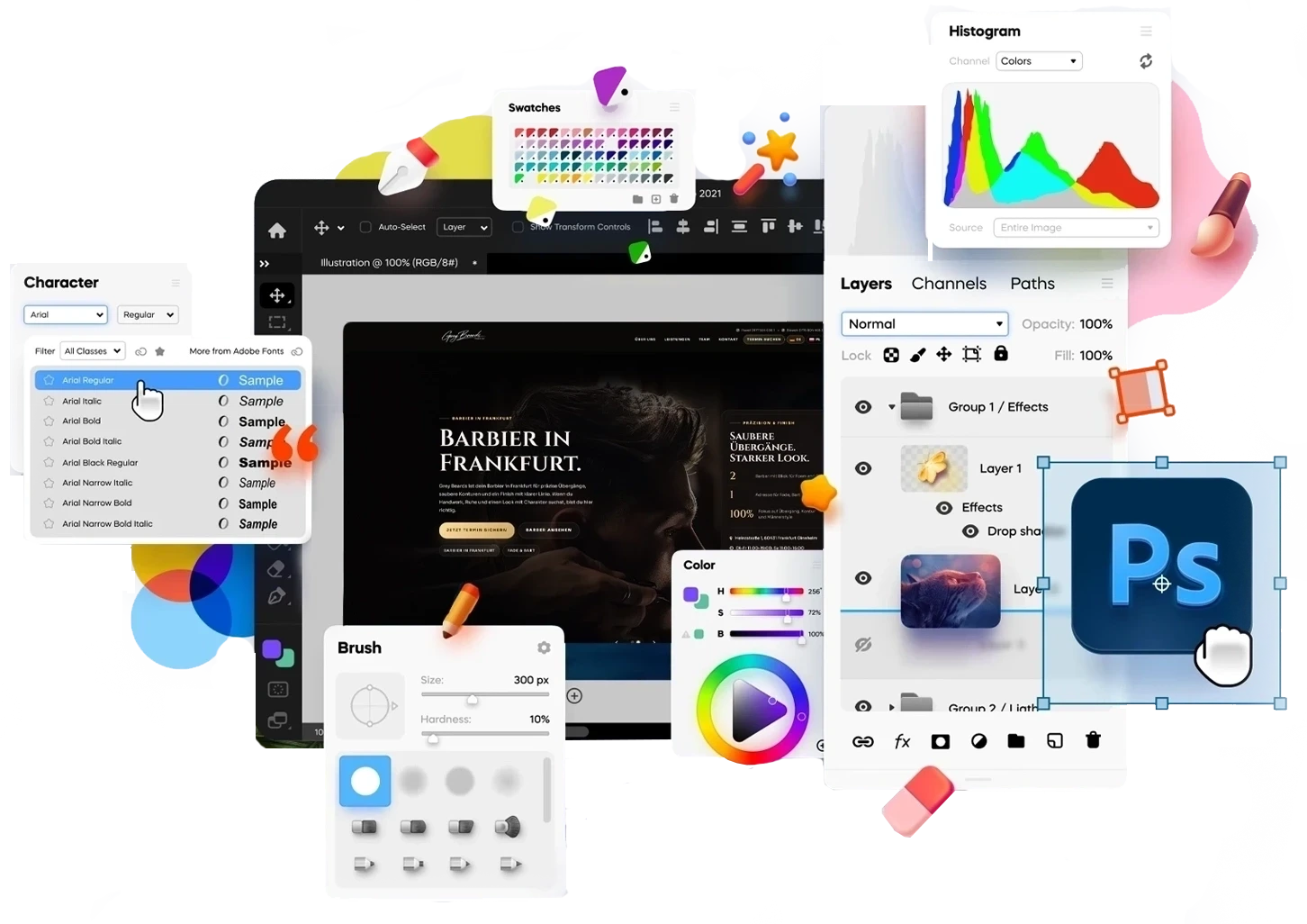 Website-Gestaltung mit Layouts, Farben und digitalen Designwerkzeugen